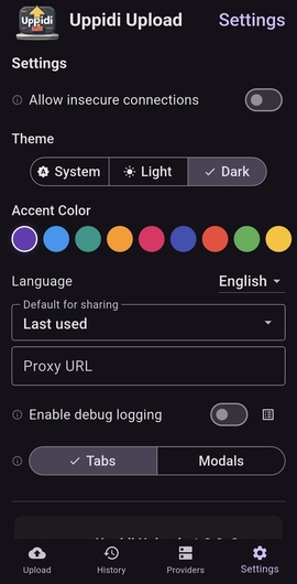 Settings screen (dark mode)