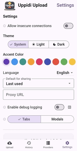 Settings screen (light mode)